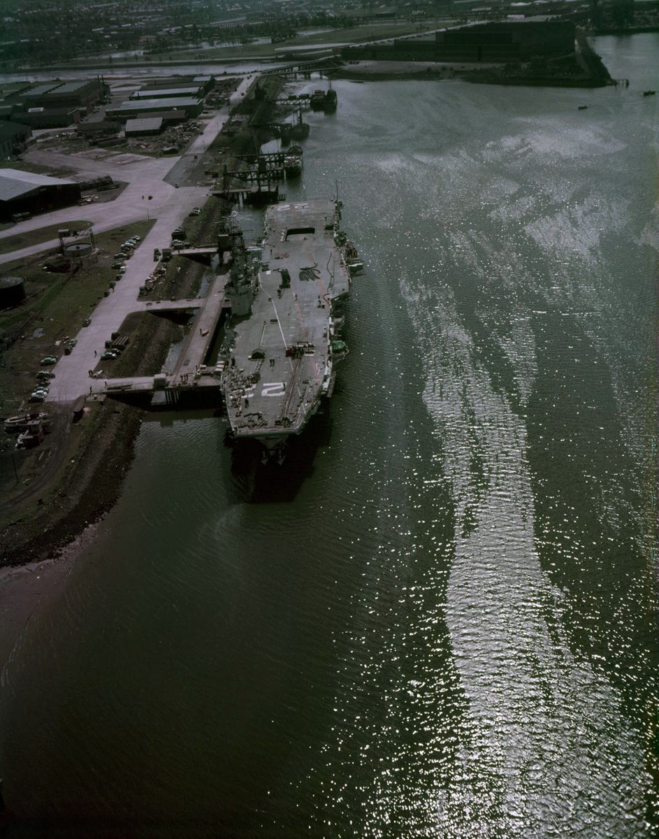 HMCS BONAVENTURE aerial view of bows and flight deck, Belfast, Ireland, 10-May-1957. (LAC e010777436-v8.jpg) #Archives #RCN