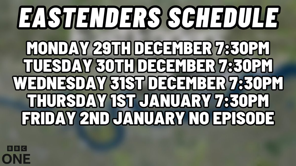 This Week's Eastenders Schedule 

Monday 29th December 7:30pm
Tuesday 30th December 7:30pm
Wednesday 31st December 7:30pm
Thursday 1st January 7:30pm
Friday 2nd January NO EPISODE

#Eastenders #BBCEastenders  #EastendersSchedule <a href="/bbceastenders/">BBC EastEnders</a> <a href="/BBCOne/">BBC One</a>