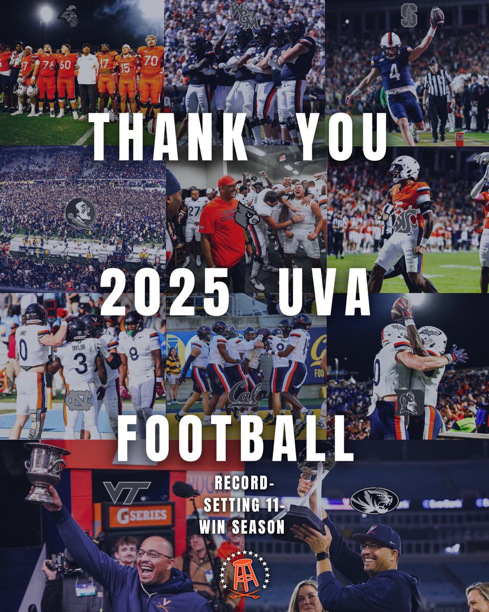 Thank you for a record-setting season: 11 wins, the best field storm of all time, beating our rivals, a trip to the ACC championship game, and a bowl win. GO HOOS FOREVER!🧡💙