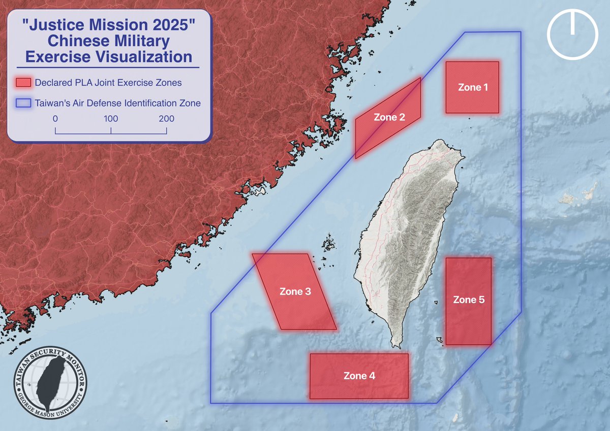 TaiwanMonitor's tweet image. BREAKING: China's military has announced the "Justice Mission 2025" joint military exercise around Taiwan. 

Below is our visualization of the declared exercise zones, per Chinese state media: