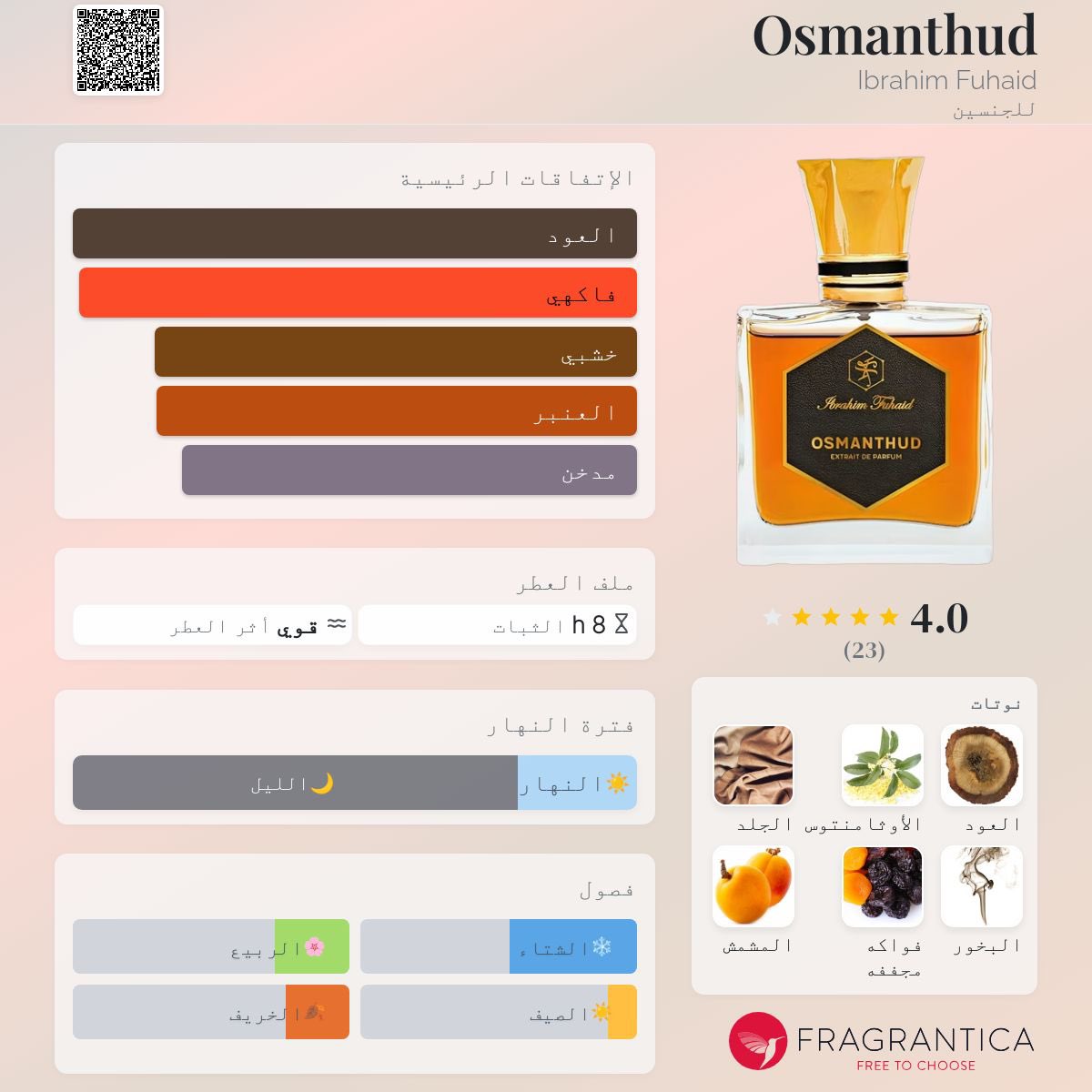 ✨ 👑 
Osmanthud Ibrahim Fuhaid 
عطر شرقي - خشبي للجنسين. 
هذا عطر جديد Osmanthud صدر عام 2024. Ibrahim Fuhaid قام بتوقيع هذا العطر. 
إفتتاحية العطر الفواكه المجففة, المشمش و البرغموت; قلب العطر أوسمانثوس , الجلود, البخور, أخشاب الغاياك, التبغ و الورد; قاعدة العطر تتكون من العود,