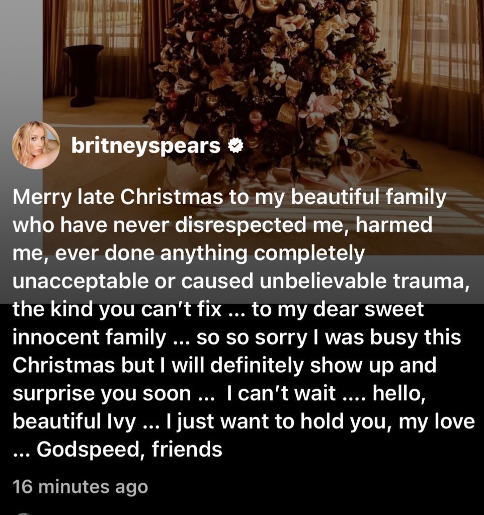 cravebritney's tweet image. Being extremely sarcastic, Britney Spears shared a new post referencing her family, stating she was never disrespected or harmed and apologizing for missing Christmas.

The message continues her pattern of addressing family dynamics through social media.
