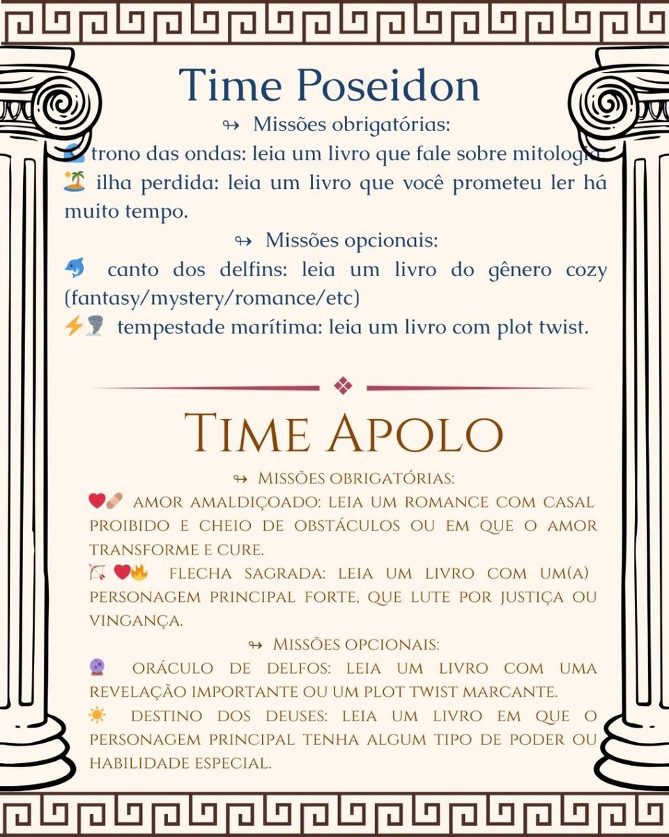 squadliterary's tweet photo. 📜 | missões literárias:

cada time tem 2 missões obrigatórias e 2 opcionais. você só pontua se a leitura cumprir alguma delas, e as obrigatórias precisam ser feitas pelo menos 1x.

qual time merece cruzar seu caminho? https://t.co/Wu8JM4SKOl