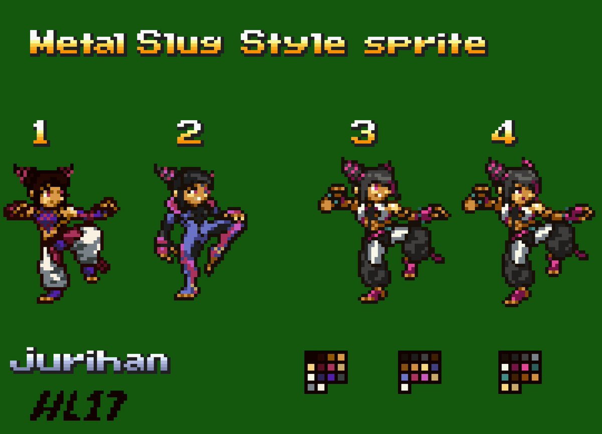 Todas versiones de juri han estilo metal slug para completar los sprites de posición de ataque 
#pixelart #sprite #metalSlugStyle #StreetFighter #jurihan #HL17