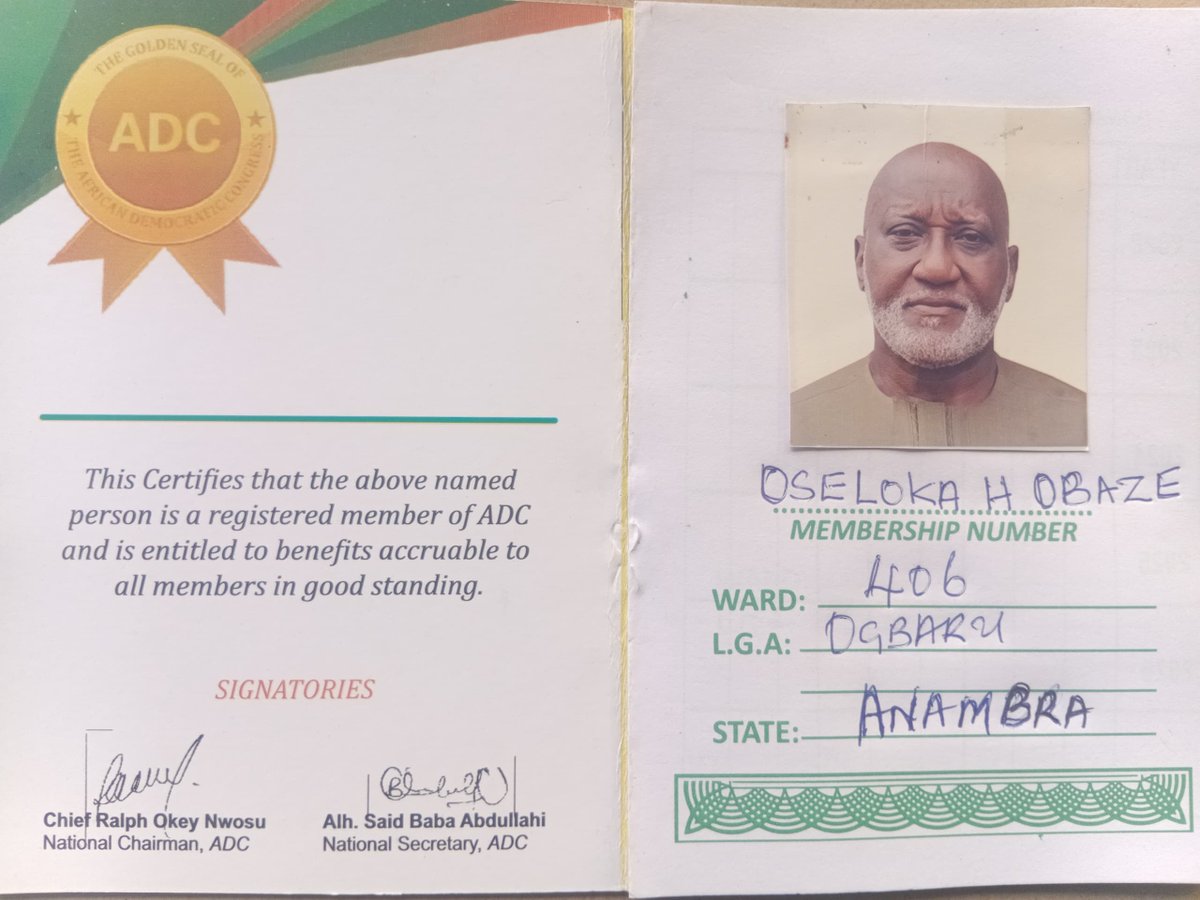 Eight months ago, I disengaged from partisan politics and from my erstwhile political party on grounds of principles.  Today, I wish to announce that I'm now a proud  card-carrying member of ADC.  We walk the talk. We must Rethink and Reunite Nigeria.  Much work lies ahead. -OHO