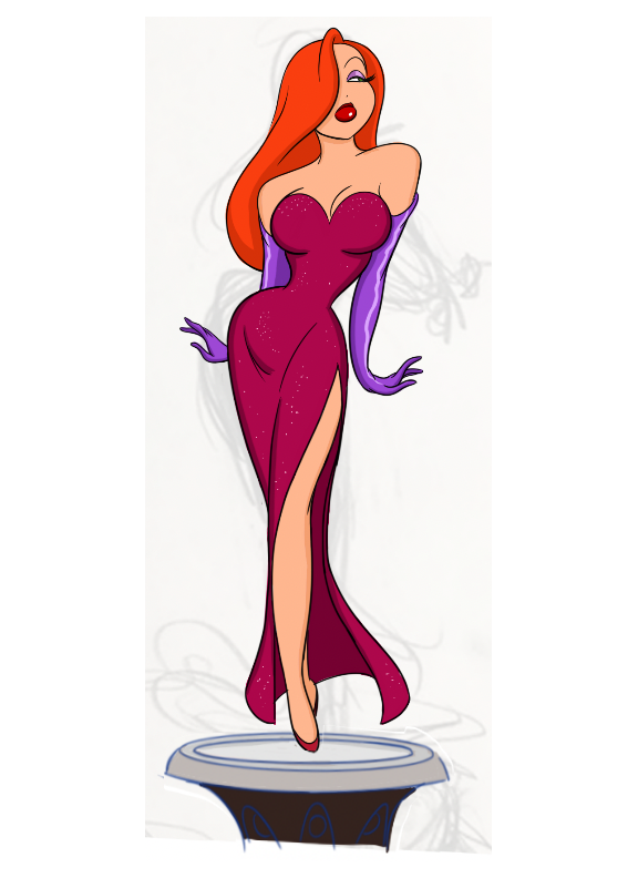 This was  one of the original concepts for Jessica Rabbit in Electric Tiki's Animated Ladies line.  The base would have been an art deco affiliated stage. If you look closely at the rough sketch, in the BG you can see a version with her arms swaying to the  right behind her back