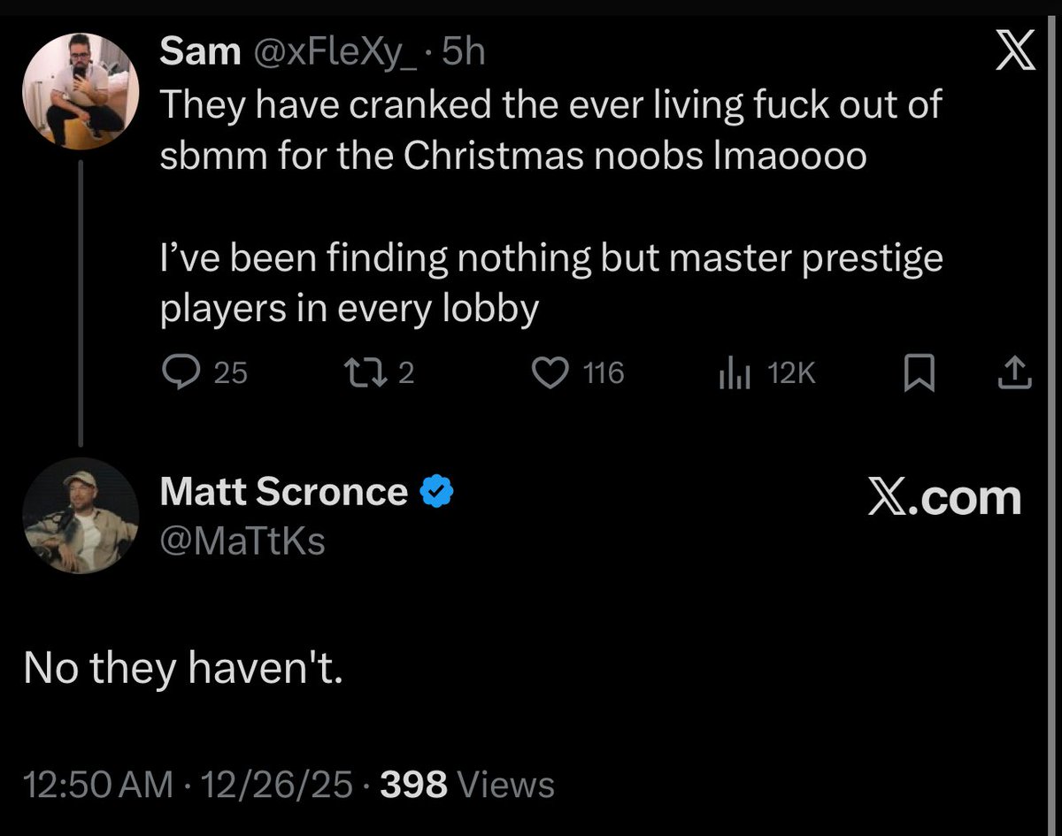 ModernWarzone's tweet image. Treyarch Design Director replied to a fan accusing them of cranking SBMM for Christmas noobs in Black Ops 7

“No they haven’t”