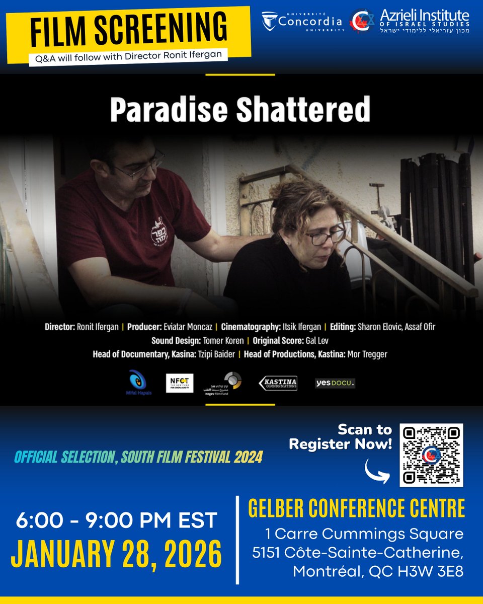 Please join the Azrieli Institute of Israel Studies on January 28, 2026 from 6:00-9:00 PM EST for a film screening of "Paradise Shattered."

​A live Q&amp;A will follow the screening with Director Ronit Ifergan.

REGISTER NOW: luma.com/bosrkt7l