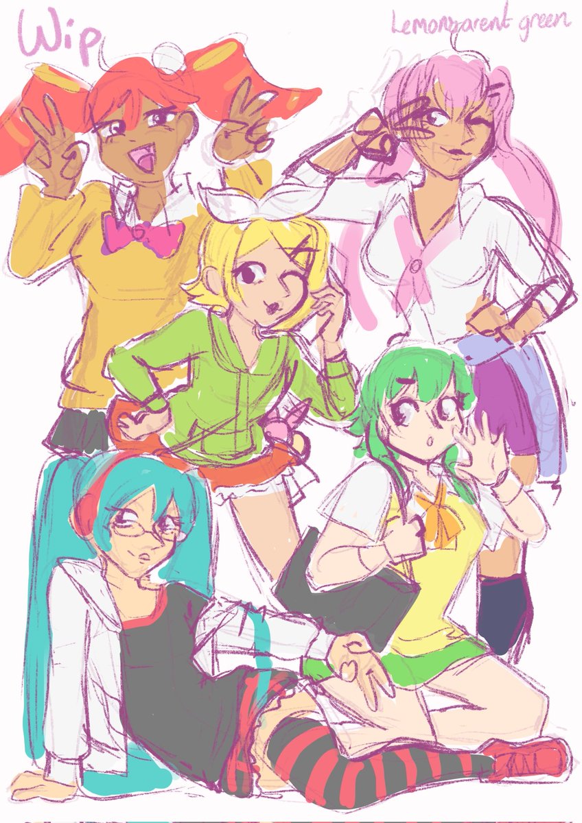 Wip of a piece I'm working on. Most lazy colouring EVER but it'll be fine 👍
Very excited about this piece. Random vocaloids and outfits but they all have a y2k/ Gyaru vibe so I thought they'd be cute together :3 
.
#Teto #HatsuneMiku #KagamineRin #Gumi #MegurineLuka
