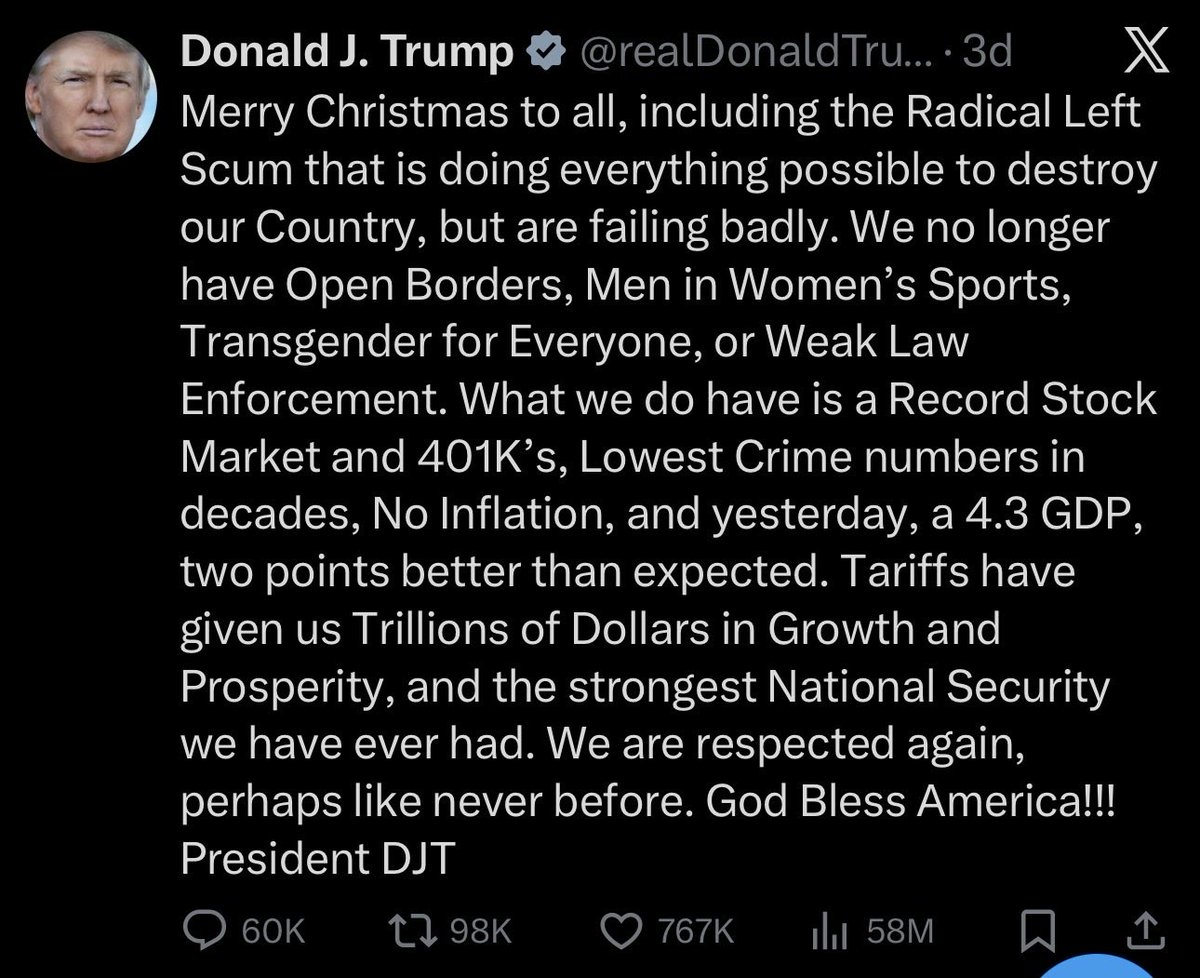 ndacut82's tweet photo. Read the post. Some points are true, some are stretched.
✔️ Stock market &amp; GDP growth beat expectations ( Benefits rich people)
❌ Inflation isn’t zero
⚠️ Crime is down in some areas, not “lowest in decades”
⚠️ Borders aren’t “open,” but crossings remain high
Facts matter. https://t.co/vrBXOaBgEU