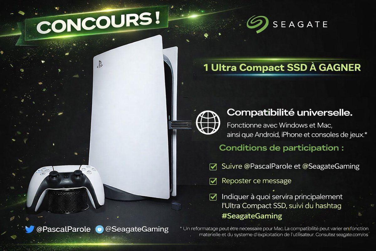 pascalparole's tweet image. Concours
Pour gagner  1 Seagate Ultra Compact SSD

1️⃣ Suis @PascalParole et @seagategaming 
2️⃣ Reposte ce message
3️⃣ Indique à quoi servira principalement l’Ultra Compact SSD, suivi du hashtag #SeagateGaming

🍀 Joue aussi ici 👉 roxarmy.com/concours-1-sea…