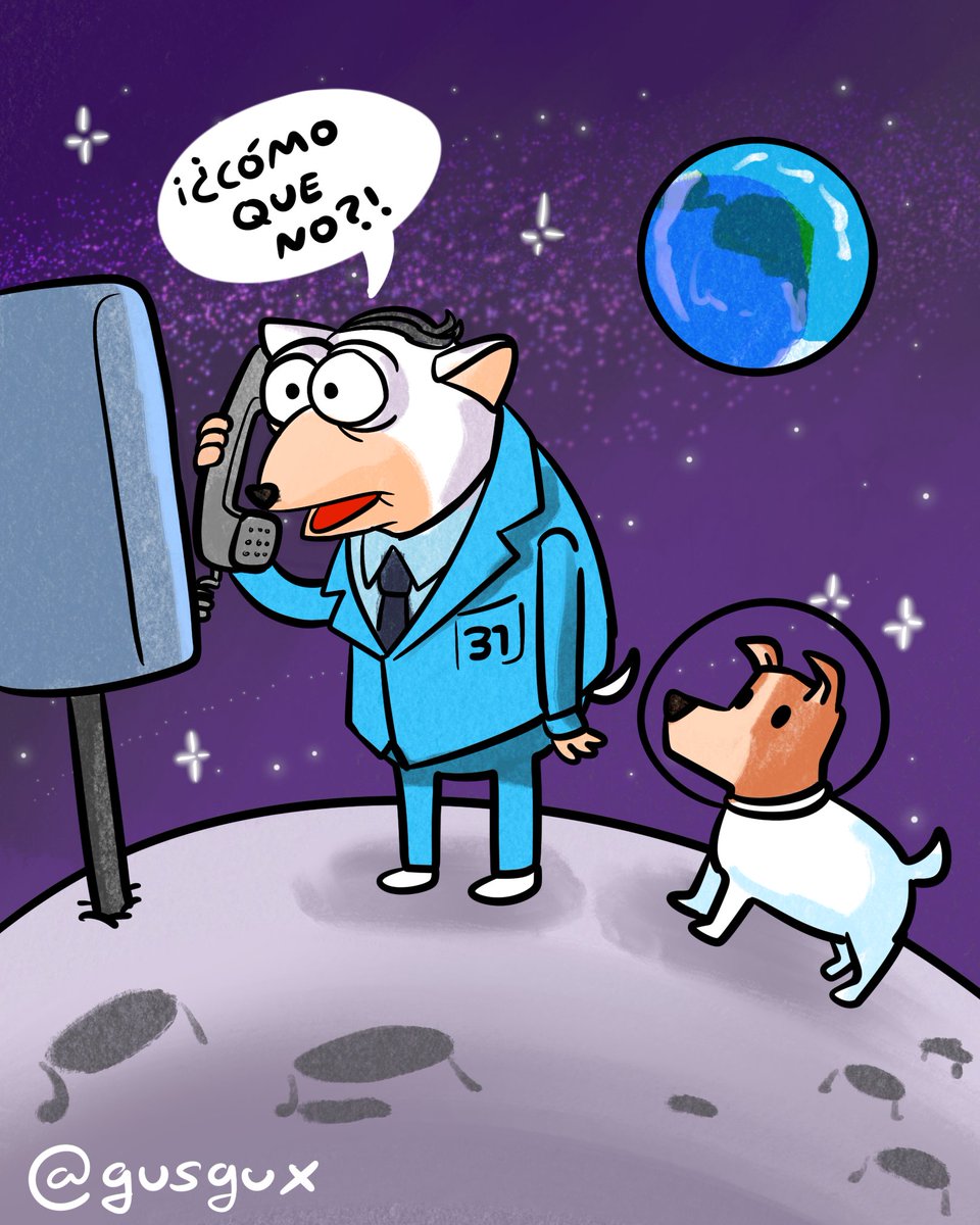 "<a href="/elchen00/">Vicente Varas</a> Un Mario Hugo en la luna acompañado por la perrita Laika. Hablando por un teléfono de monedas y diciendo la famosa frase: "¿Cómo que no?"."

:3 #HoraDeLos31minutibujos ¡bwaaaaaaah!