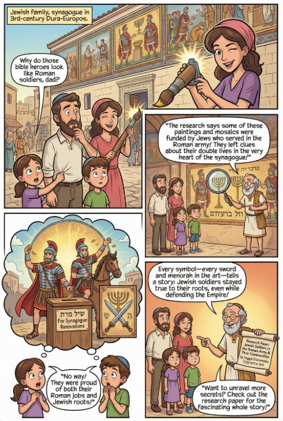 #AI most probably will not replace us, but it provides endless hours of #Entertainment . Behold, an #AI suggested #unedited #comicstrip based on my #research on #Jews in the #Roman #Army