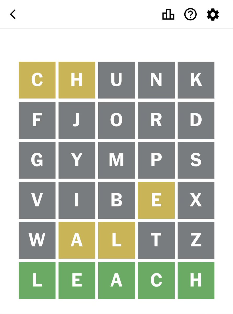 I’ve cracked wordle (again)

If you play CHUNK, FJORD, GYMPS, VIBEX, and WALTZ you will have spent 25 blocks hitting 25 unique letters. Every one of them but Q

By your 6th turn, it is not arithmetically or alphabetically possible for you to lose