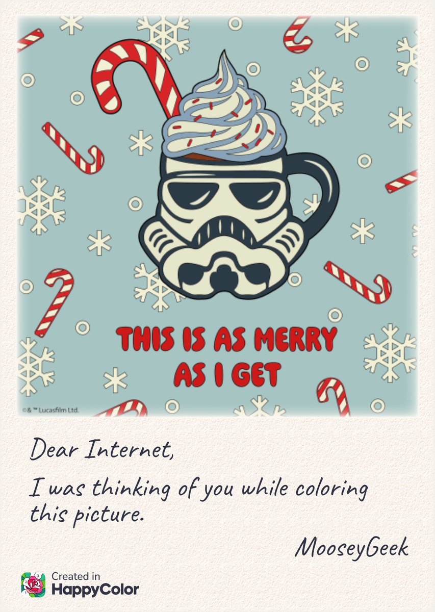 Passing some time and found this app #happycolor.  Too bad you can't choose a different color.  Regardless it was nice to do with some lofi music. Will do more. Might make an alt account for this. #starwars