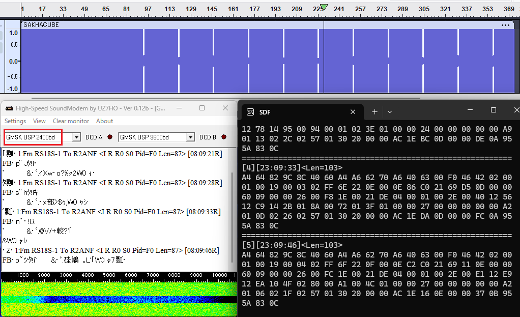 Ja3Tdw's tweet image. Tried to decode SAKHACUBE-CHOLBON audio recorded during SatNIGS observation #13079318. Mode 2k4 GMSK USP. #RS18S