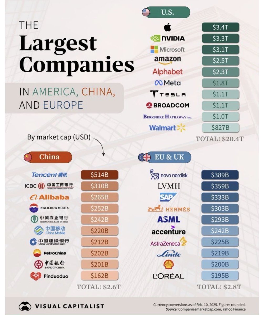 PeterMallouk's tweet photo. The largest companies in America, China and Europe. https://t.co/OQiWFhANs4