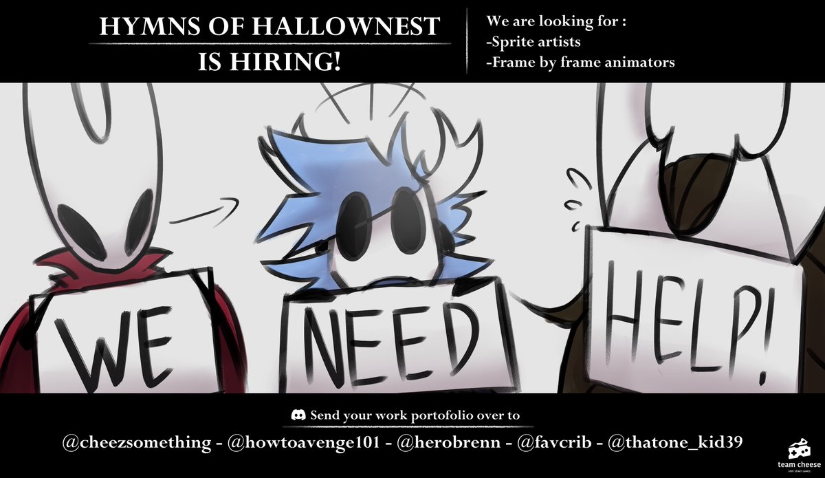HK_FNF's tweet image. examples below please! (not paid work)

since our last post, absolutely nothing has happened with sprites. the hollow knight sprites need to get done, and we want you to do it! contact the people below or dm the account if you're interested.