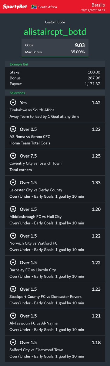 AlistairCpt95's tweet image. Monday Betting with AL. 
9 Clean ODDS 😉✅

✅✅Bet Code - alistaircpt_botd ✅✅

Follow my SportySocial - sportybet.co.za/za/m/player/al…

Not yet on @SportyBetZA?

Sign up Register on sportybet.co.za/za/?utm_source…
