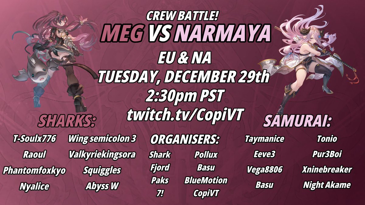 bluemotion_17's tweet image. hungry for some granblue??? 
we got you covered with another CREW BATTLE WITH MEG AND NARMAYA MAINS 
GET READY FOR SOME HYPE FT5 SETS AT 2:30 PST 
WE HOPE TO SEE YOU THERE!