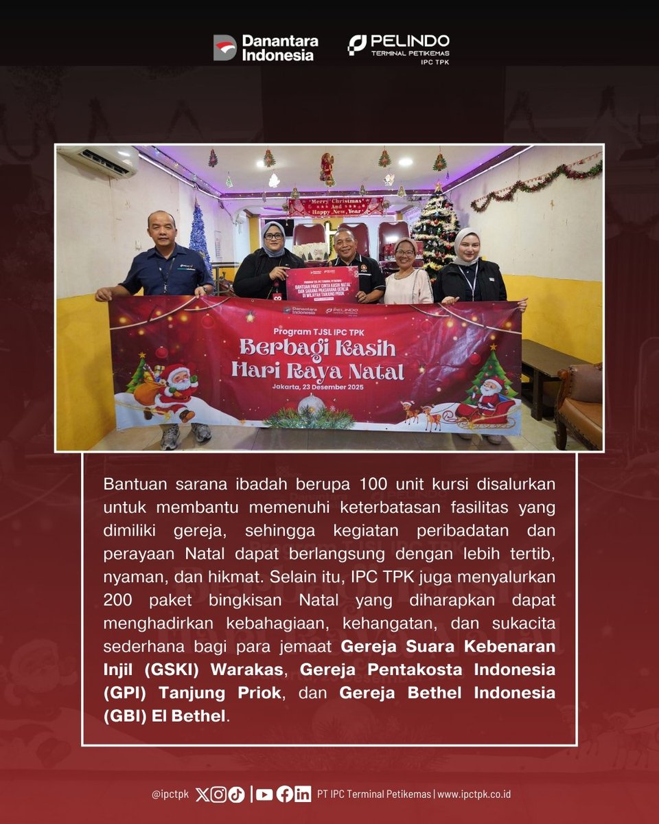 Hai #ContainerLovers
IPC TPK menebar cinta kasih di tiga Gereja wilayah Tanjung Priok. IPC TPK menyalurkan 100 unit kursi sebagai sarana ibadah dan 200 paket natal untuk memeriahkan Hari Raya Natal. Bantuan disalurkan ke GSKI Warakas, GBI El Bethel dan GPI Tanjung Priok.