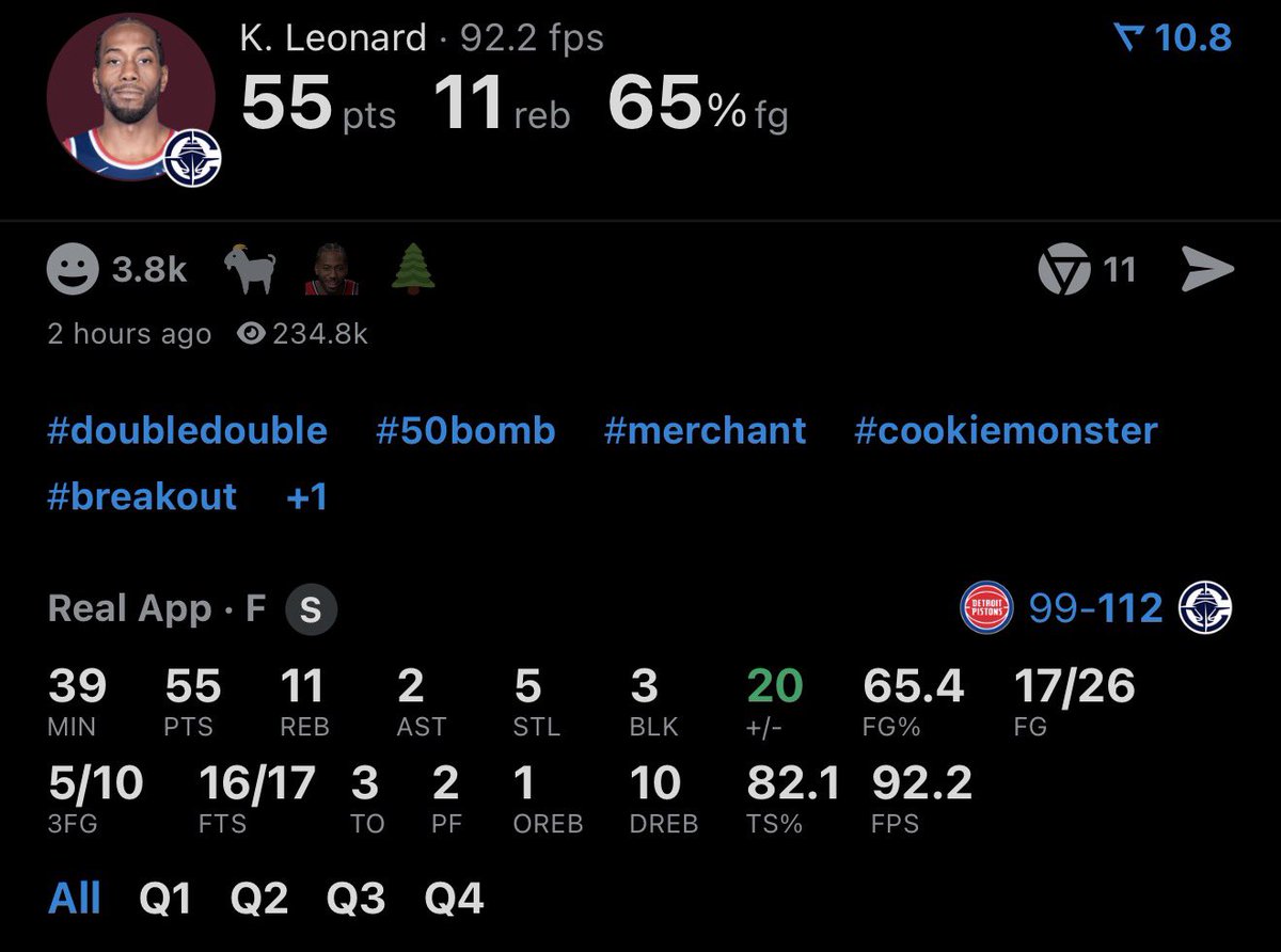 LegionHoops's tweet image. KAWHI MF LEONARD TONIGHT:

55 PTS* (career high)
11 REB
5 STL
3 BLK
17/26 FG

THE KLAW WENT OFF 😤 (via @realapp)