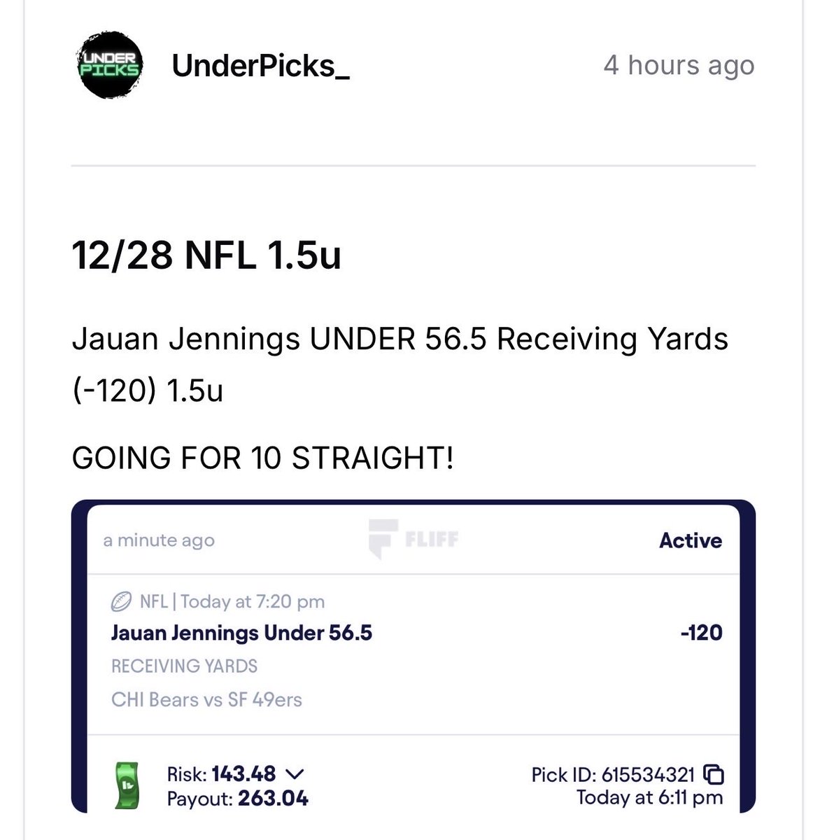 UnderPicks_'s tweet image. Jauan Jennings UNDER 56.5 Receiving Yards (-120) 1.5u✅

10 IN A ROW LETS FUCKING GO STOP MISSING OUT ALREADY NO SWEAT NEEDED ANOTHER ABSOLUTE LOCK!🤑🤝🔒🔥🧹💰
