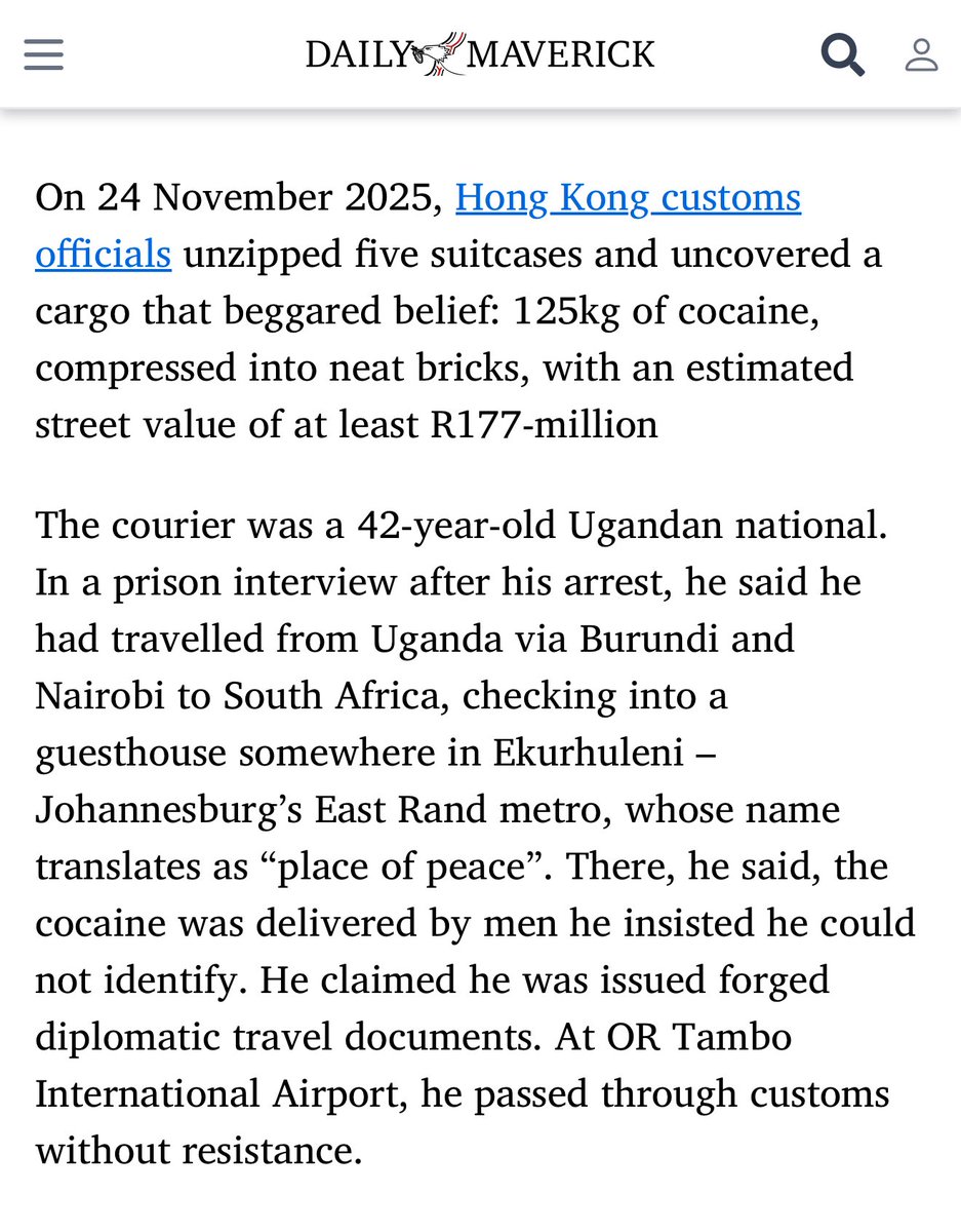 How a global drug network ran through SA’s airports:

An Ugandan national was arrested in Hong Kong with cocaine. 

That single arrest exposes a supply chain traced back to South Africa, moving through O.R. Tambo. This was never just about a courier. (1/6)

By: <a href="/dailymaverick/">Daily Maverick</a>