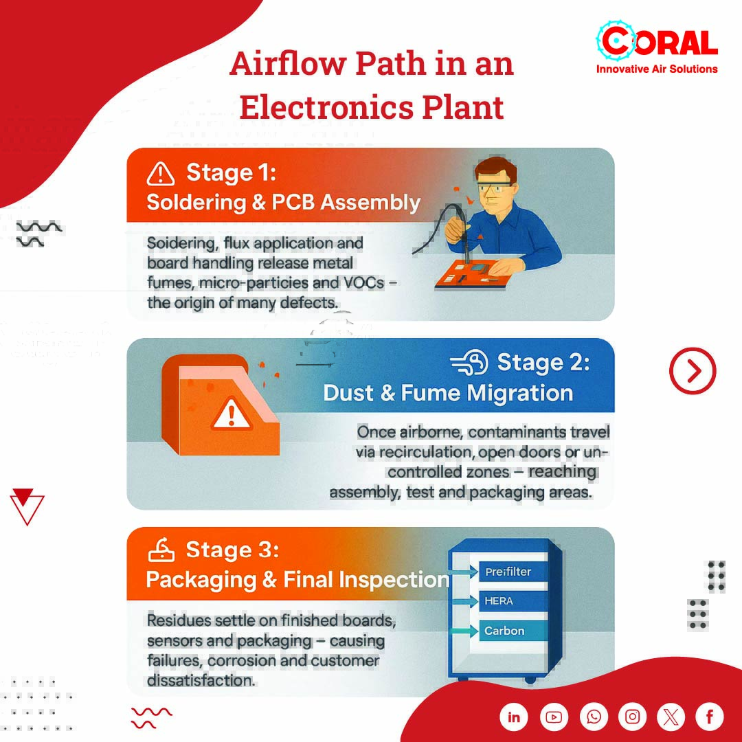 Coral_Ind's tweet photo. Every electronics plant has an invisible journey in the air — from solder fumes and VOCs to fine PCB dust drifting across production zones.
At Coral, we turn that journey from contaminant to clarity.
🌬️ Because clean air isn’t optional — it’s your competitive edge.
#CoralIndia https://t.co/4Q6URm3i6z