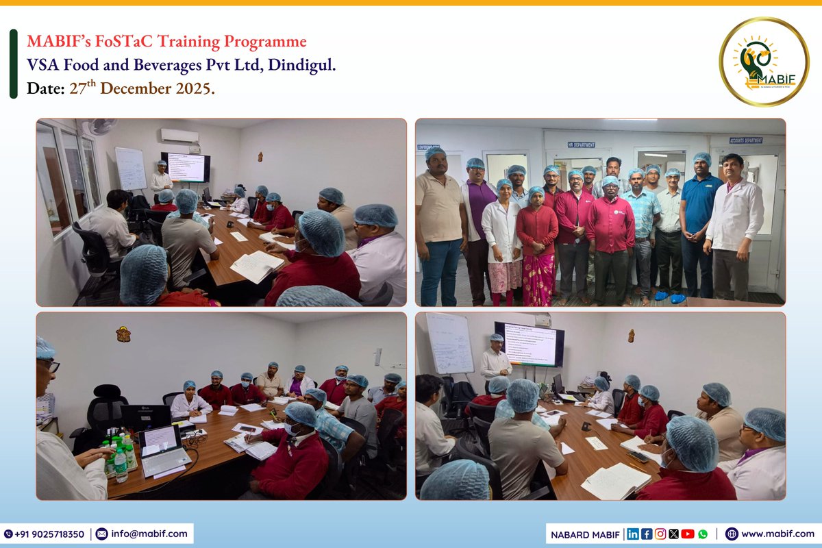 NABARD MABIF's FoSTaC Training Programme held on 27th December 2025 at VSA Food and Beverages Pvt Ltd., Dindigul.

Resource Person: Mr. Gangaikondan Venketesh Subramaniyam, an expert Trainer-FoSTaC, guided us through an enriching learning experience.