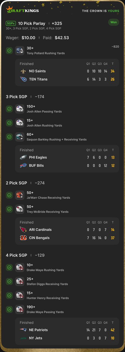 ColtLockDFS's tweet image. Cashed in on NFL this weekend! 1 more week left in the regular season. Will be dialing up some Monday Night Football locks tomorrow. #NFL #SNF #MNF #ESPN  #DraftKings