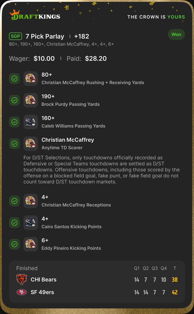 ColtLockDFS's tweet image. Cashed in on NFL this weekend! 1 more week left in the regular season. Will be dialing up some Monday Night Football locks tomorrow. #NFL #SNF #MNF #ESPN  #DraftKings