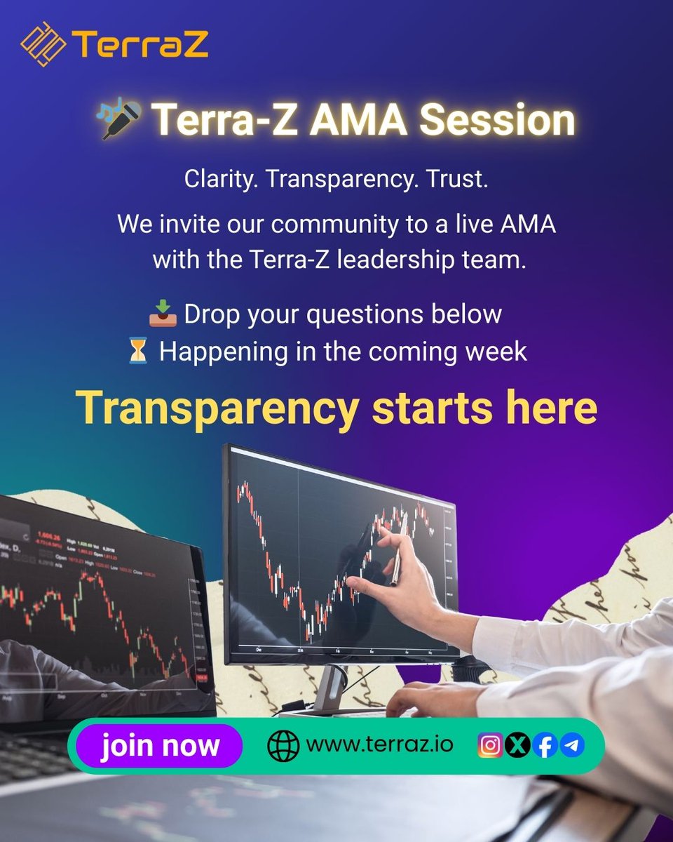 TerraZofficial's tweet photo. We’re opening the floor.
Join the Terra-Z AMA Session and hear directly from the team.
Transparency starts here.
#TerraZ #TerraZAMA #CryptoAMA #BlockchainCommunity #Web3 #CryptoTransparency #CryptoProject #AskMeAnything #CryptoUpdates #DeFiCommunity #BuildInPublic https://t.co/OcgOXeEUCD