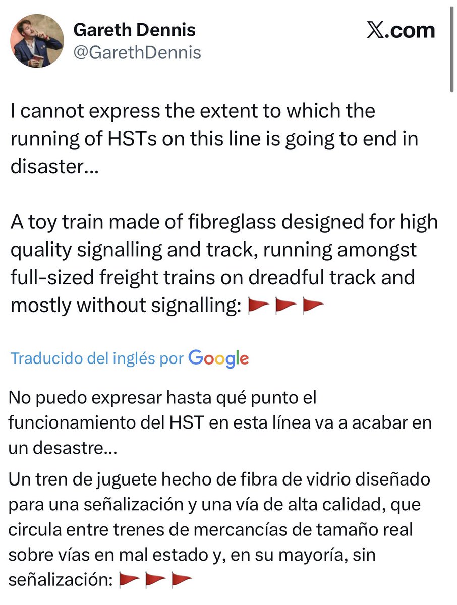 ArturoVill7's tweet image. 🚨 Lo advirtieron…

El 11 de octubre de 2023, Gareth Dennis, experto ferroviario y de transporte en Reino Unido, advirtió que la ejecución del Tren Interoceánico terminaría en desastre.

Señaló que era un “tren de juguete”, con materiales deficientes, vías en mal estado y nula…