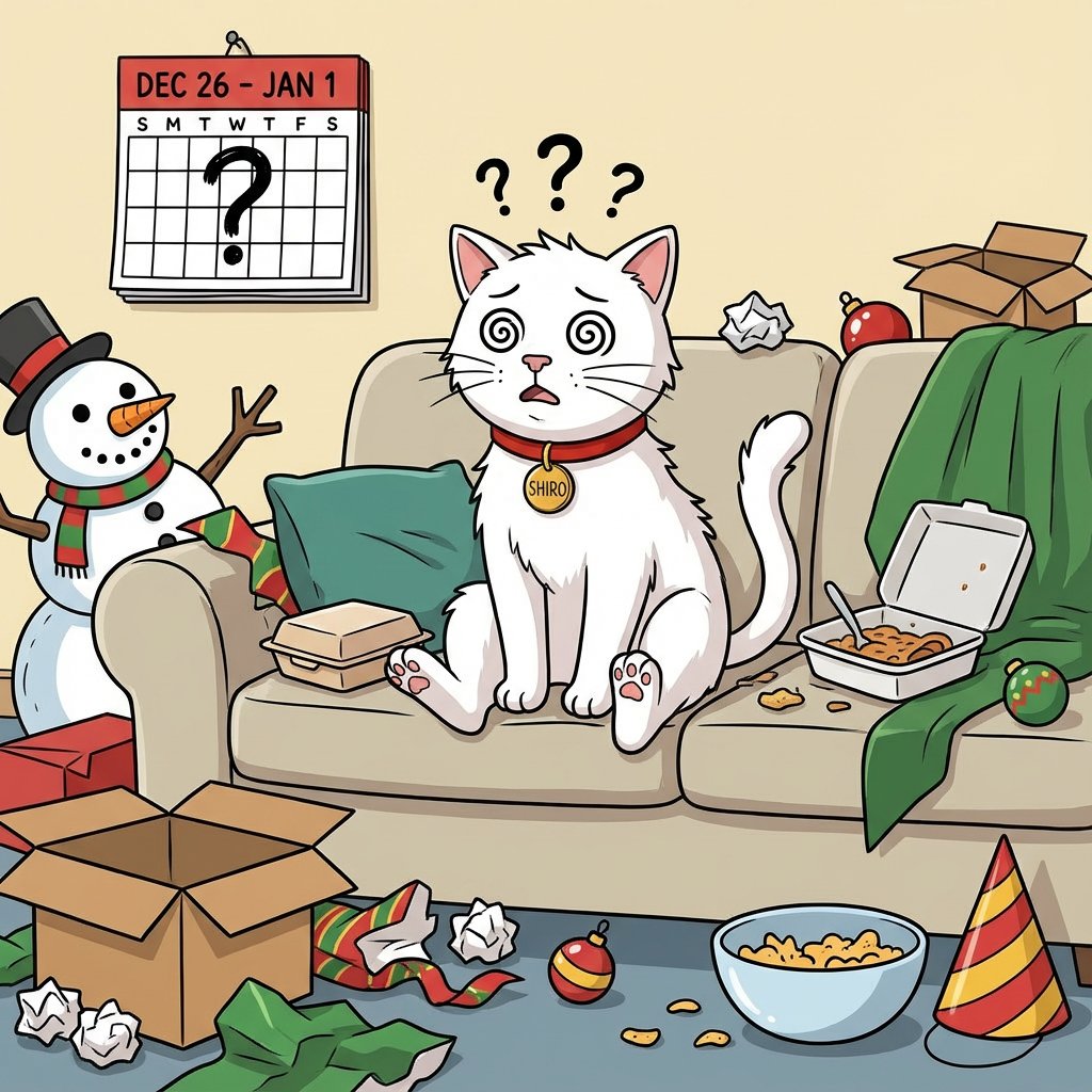 Wait… was that Christmas, New Year’s, or just a 72-hour snack marathon?😵‍💫🐾

Wrappers everywhere. Snacks gone. Time has no meaning.

New year, better cat. 🐱✨
#PostHolidayVibes #Shiro #BetweenTheHolidays #SendSnacks