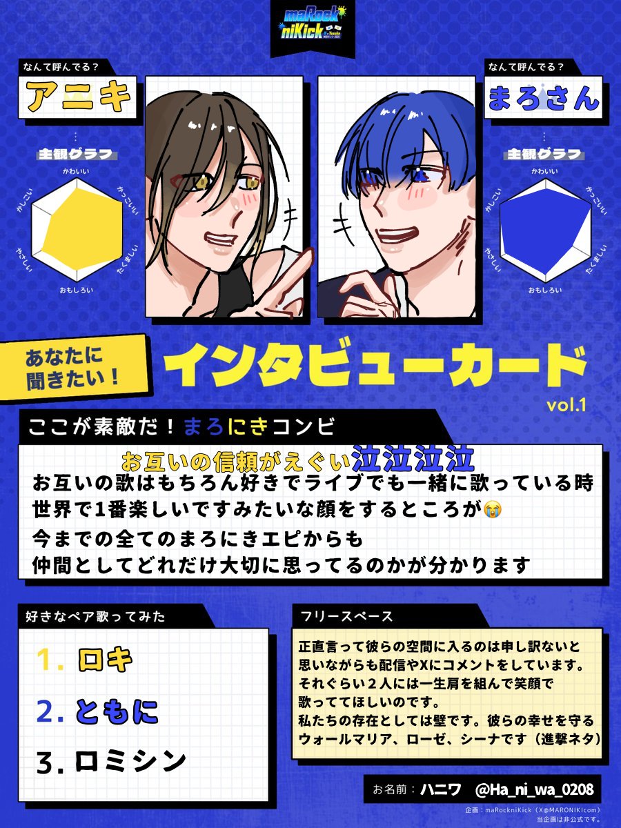 Ha_ni_wa_0208's tweet photo. #marock_nikick
#まろにきインタビューカード
この企画に感謝します___💙💛 https://t.co/utfoggqcAB