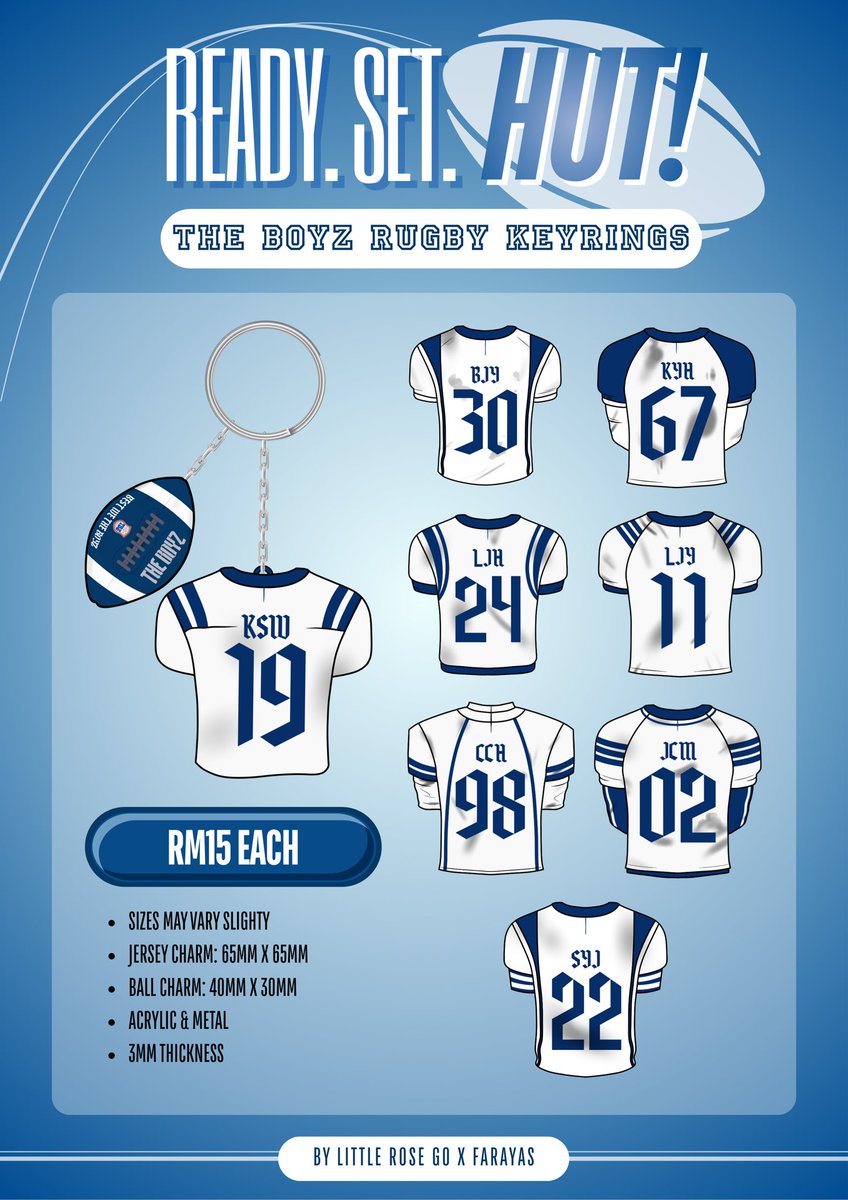 LittleRose_GO's tweet image. [THE BOYZ RUGBY ACRYLIC KEYRING]

💴 Price: RM15/ea
⏰ Deadline: 7th Jan 2026
❄️ Size/Dimensions: Refer pic
👉🏻 Production time: 1-2 weeks
📦 ETA: End of Jan 2026

*Overseas GO, please DM (worldwide shipping is available!)

✨ Designed by @farayas 

📥 DM if interested!