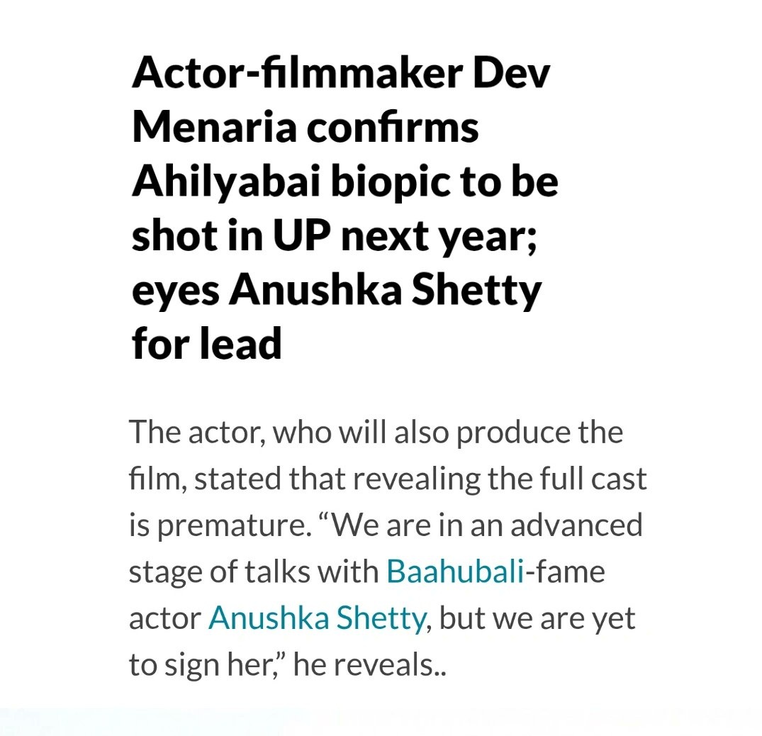TrendsAnushka's tweet photo. Actor-filmmaker #DevMenaria in a recent interview revealed that they are in advanced talks with #AnushkaShetty for the biopic of the great Queen #AhilyabaiHolkar! 👑
Telugu, Hindi, Tamil, Malayalam, and now Marathi film makers 🔥✨ https://t.co/lODV2Bv4Yb