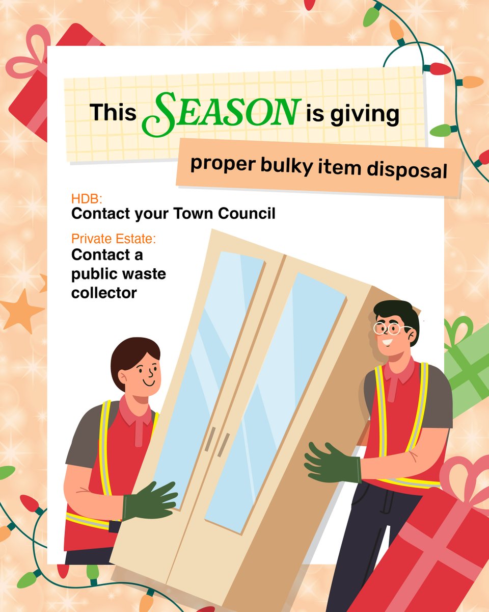 NEAsg's tweet photo. Don’t dump furniture at void decks or common areas.
🏢 HDB → Contact your Town Council
🏠 Private estate → Contact a public waste collector
Bulky items deserve proper disposal—keep our shared spaces safe &amp; clean 🌍💚
#KeepSGClean https://t.co/6eR0PxGxKR