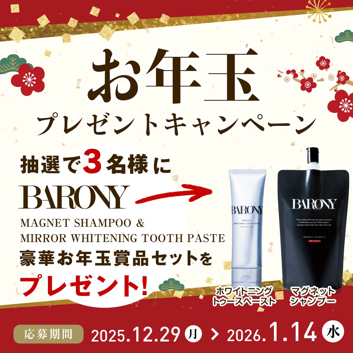 🎍━━━━
　お年玉プレゼントキャンペーン
            　　　　　　　━━━━✨

・マグネットシャンプー
・ミラーホワイトニングトゥースペースト
豪華お年玉賞品セットを【3名様】にプレゼント🎁

▼応募方法
①<a href="/BARONY_JP/">【公式】BARONY / バロニー</a>をフォロー
②本投稿を 1/14 23:59 までにリポスト