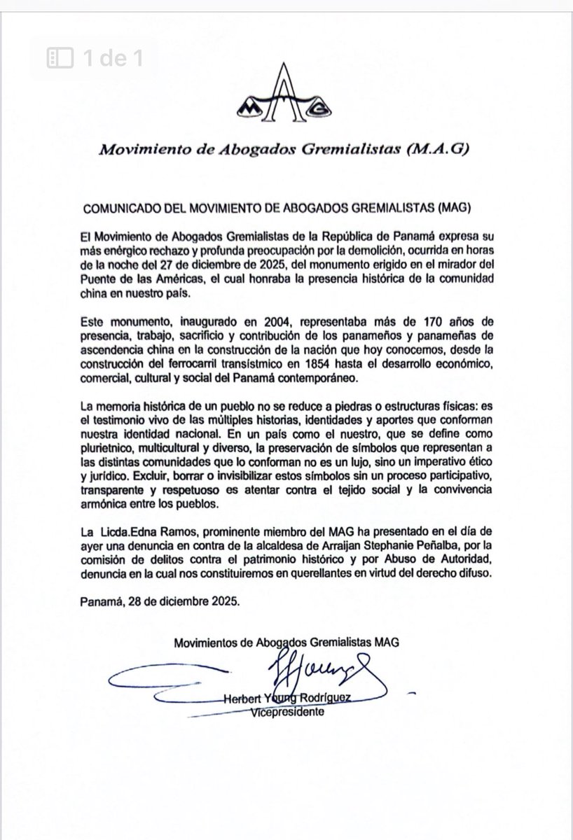 Comunicado del Movimiento Abogados Gremialistas <a href="/Magabogadospan/">MAGpanama</a> ante la arbitraria, remoción del monumento a la presencia China en Panamá, por parte de la alcaldesa del Distrito Arraiján.