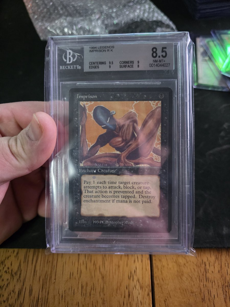 werdism's tweet image. Banned and pretty rare reserved list card! If you know you know lol! #mtg #reservedlist #rare #imprison #banned cards #bannedcard #beckett #bgs