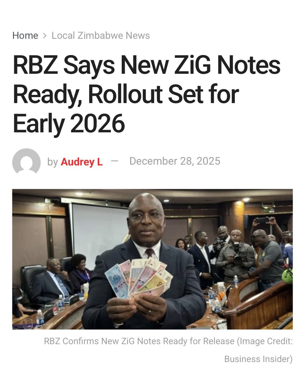 swisher1776's tweet image. 🚨🏦ZIM RV: CONFIRMED NEW ZIG NOTES READY FOR CIRCULATION Q1 2026

The Reserve Bank of Zimbabwe (RBZ) has confirmed that newly designed ZiG banknotes are ready for circulation, with distribution set to take place through banks and authorised outlets once rollout begins.

RBZ…