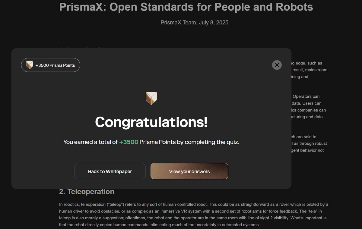 0xjayn3's tweet photo. Simple Quick Guide on PrismaXai 

Raised: $11M
Rewards: Potential

What is PrismaX?
@PrismaXai is building a decentralized data marketplace for robotics & visual AI, using real-world video and sensor data (not just text).

Get started :
https://t.co/F1fL2u3rob
Sign up with email, Solana, or EVM wallet (no referral).
Get 1,000 points instantly.

How to earn points:
➤ Daily login: 10 pts
➤ Live chat: 50 pts/day
➤ Whitepaper quiz: 3,000 pts (+1,000 if all correct)

Optional: Buy a robot to earn 100+ pts/day (DYOR)

Ways to Earn Roles on the PrismaX : 
Join dc
https://t.co/bo1eLHFU0N
➤Creating contents
➤Helping out on Discord
➤Providing feedbacks
➤Participating in events
➤ generally be active!