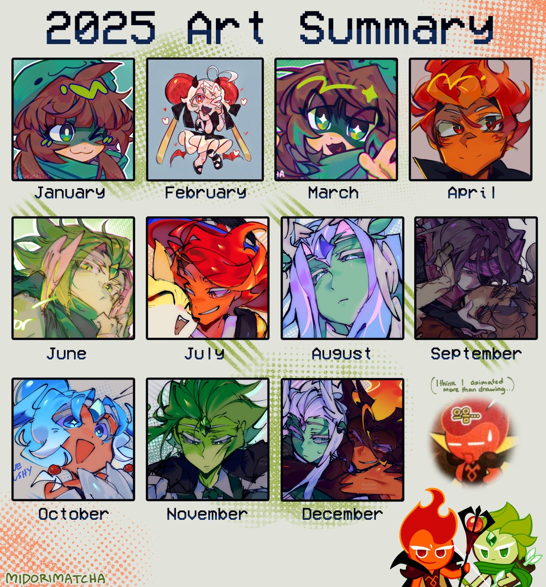 2025 art summary 

missing a month due to animating a lot of firewind akjsndakjsnd ; will be making a 2025 animation reel as soon as i finish ONE MORE animation for this year !!