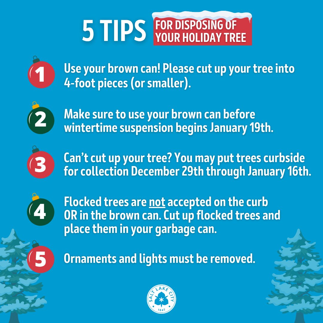 Have Salt Lake City curbside services? We will collect trees left at the curb December 29, 2025 - January 16 , 2026. Holiday trees are composted! Here are 5 tips to make sure they are ready for pick up. Learn more at slc.gov/sustainability….

<a href="/SLCgov/">Salt Lake City Government</a>