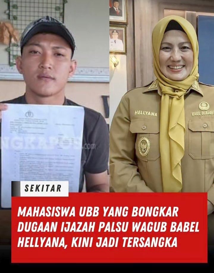 🆙
Ahmad Sidik, mahasiswa Universitas Bangka Belitung, menjadi pelapor kasus dugaan ijazah palsu Wakil Gubernur Bangka Belitung Hellyana hingga ditetapkan sebagai tersangka.

Sidik mempertanyakan keabsahan ijazah Sarjana Hukum Hellyana berdasarkan data PDDIKTI yang menunjukkan