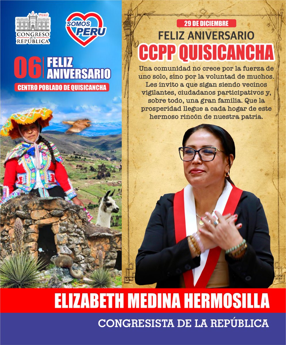 🔴📣Felicitamos al Centro Poblado Quisicancha, por un año más de historia, trabajo y tradición.🎊🎉🏆
🔰A su alcalde Efrain Cuita Cruz y cuerpo de regidores desearles una gestión en provecho a su población.
🔺"¡Que sigan los éxitos para toda su gente!"🔺