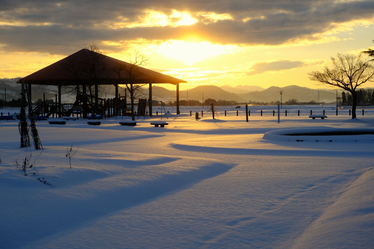 NH879's tweet photo. 今朝の横手市、結構冷えた?-4℃くらいだったかな
現在は2℃80％1018.7hpa
冬の公園は誰も居ない静寂な世界
散歩すると寒いけど綺麗な朝を独り占め
#yokote 
#横手
#朝日 https://t.co/DjtVzBQW0T