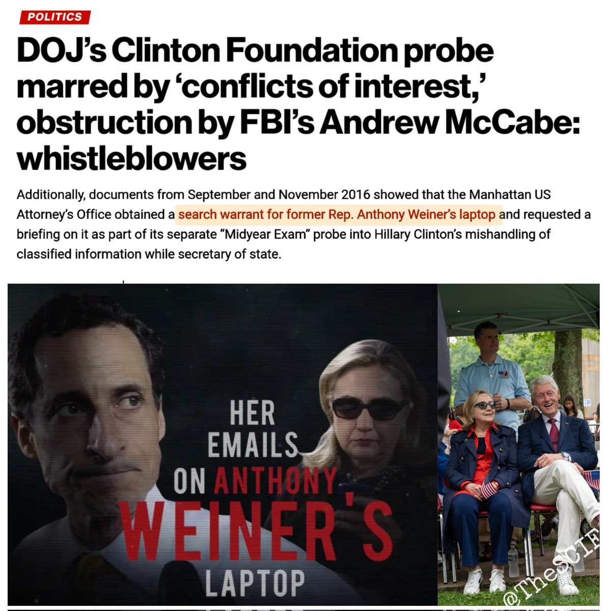 Anthony Weiner's LAPTOP enters into a new investigation into the CLINTON Foundation as Congress prepares to view its contents for ties to the Clinton foundation, which also is alleged to have ties to Jeffery EPSTEIN.

The Justice Department’s four-year probe into the Clinton